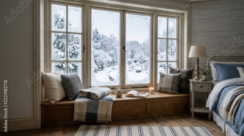 Cozy bedroom window nook with pillows and blankets looking out at a snowy winter landscape