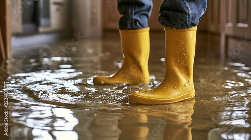Person wearing bright yellow rubber boots standing inside flooded kitchen