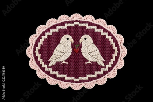 Knitted and embroidered folk art patch illustration of two white lovebirds sharing a red heart on a maroon medallion, a romantic design element for Valentine's Day.