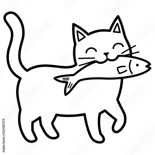 Cat Biting Fish Vector Illustration 