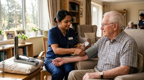 Female nurse taking blood pressure of an elderly man sitting in a comfortable armchair in a care home