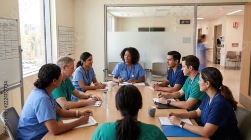 Group of diverse medical professionals in scrubs sitting around a conference table during a hospital meeting
