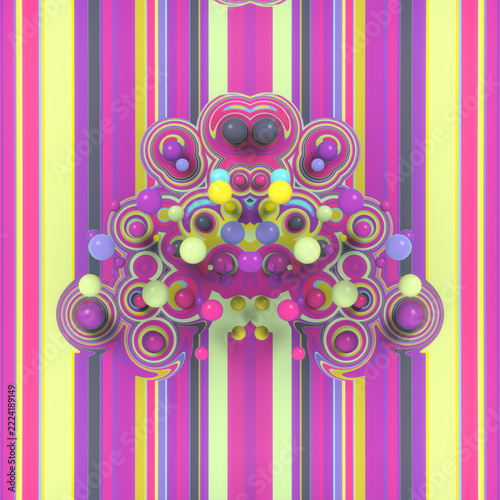 Symmetrical 3D Totem Abstract with Vibrant Pink and Yellow Stripes