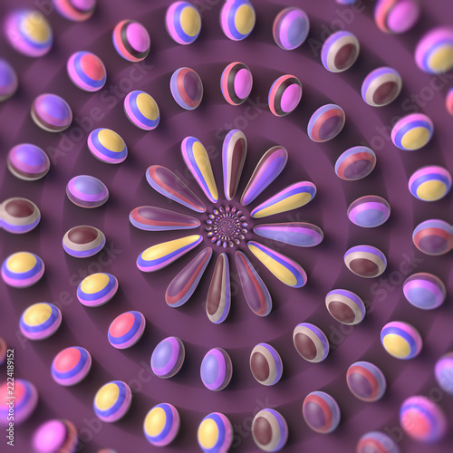 Radial 3D Composition with Floral Motif and Striped Spheres on Purple