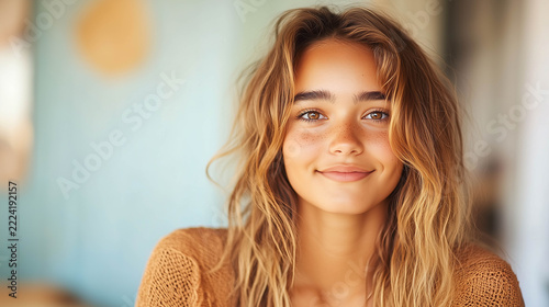 Smiling Blonde Woman with Natural Makeup and Glowing Skin