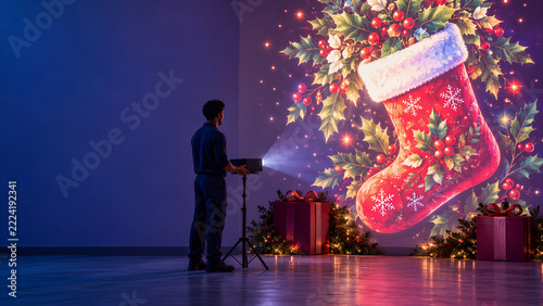 Man projecting festive Christmas stocking artwork onto a wall