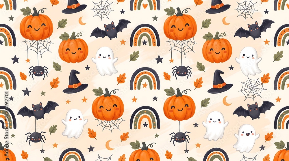 Fototapeta premium A seamless pattern featuring cute cartoon pumpkins, ghosts, bats, spider webs, witches hats, and rainbows on a light beige background, for halloween