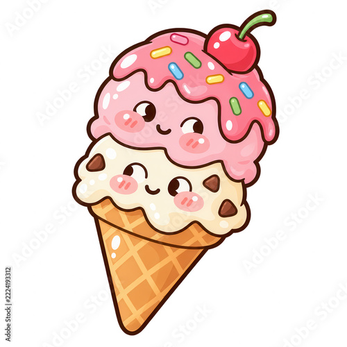 Cute Kawaii Ice Cream Cone With Two Smiling Scoops, Cherry And Sprinkles Illustration