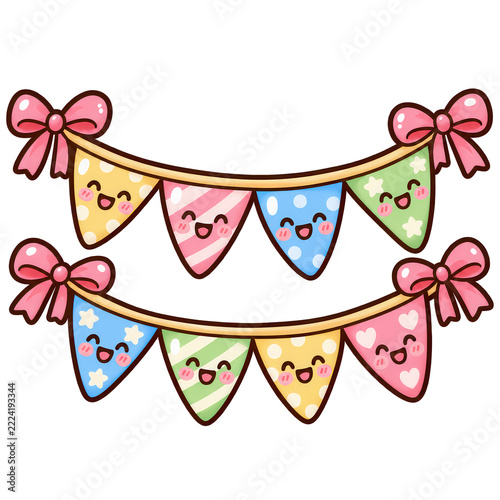 Cute Kawaii Party Bunting With Smiling Flags and Pink Bows for Birthday Celebration