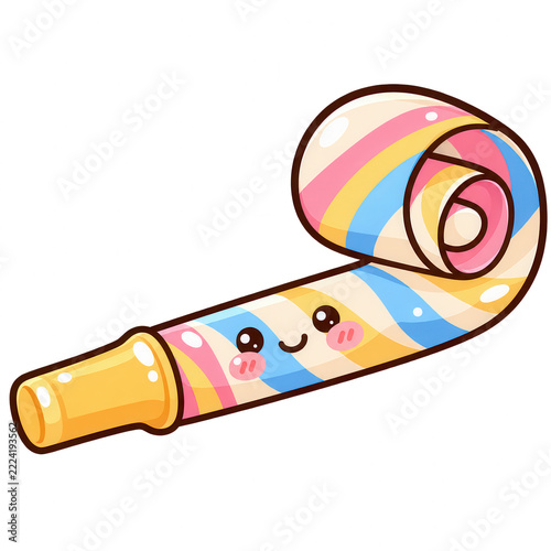 Cute Kawaii Party Blower With Colorful Stripes And Smiling Face On Black Background