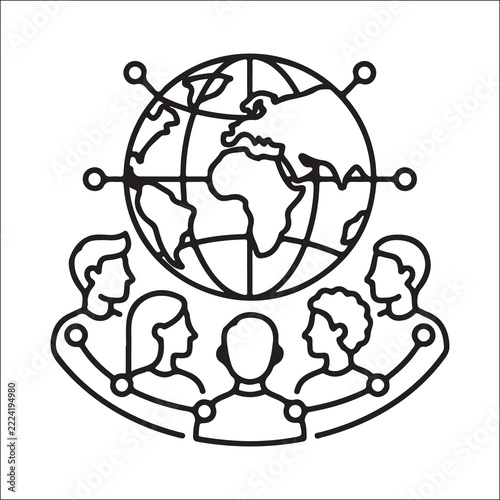 Global team collaboration and international community icon, group of people beneath a globe symbol, worldwide networking and global workforce concept, international business cooperation illustration