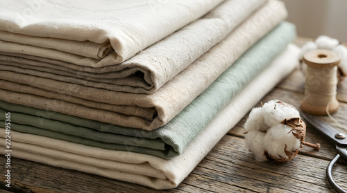 Stack of folded natural cotton and linen fabrics on rustic wooden table with sewing accessories