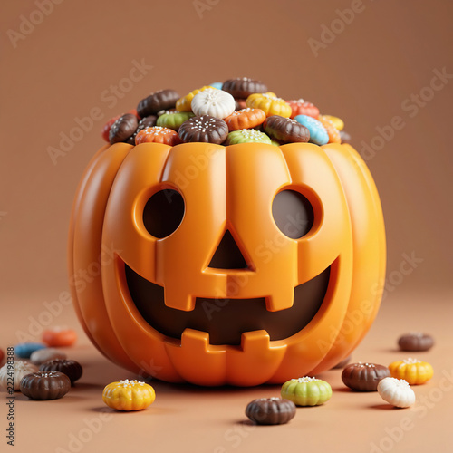3D render of cute smiling jack-o-lantern pumpkin bowl filled with colorful candies and chocolates