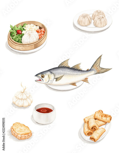 Watercolor illustration set of traditional Chinese dim sum dumplings, spring rolls, fish, and sauce isolated on white background