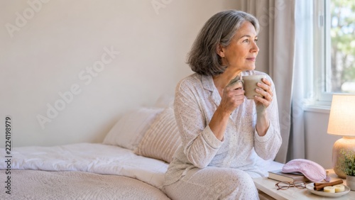 Mature woman enjoying tea in bed, with soft morning light, restful mood