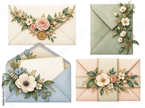 Vintage Envelopes Decorated with Elegant Floral Arrangements and Wax Seals