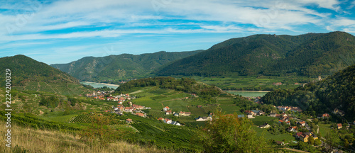 Scenic summer panorama of Danube river valley with lush vineyards and historic town of Spitz Lower Austria