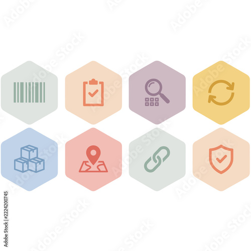Batch traceability icon set of eight hexagon symbols