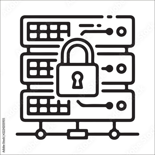 Database security and server protection icon, stacked database servers with padlock symbol, secure data storage and cybersecurity concept, database management and access control illustration