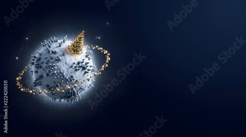 Miniature winter planet with snowy pine trees and a glowing Christmas tree floats in deep blue space.