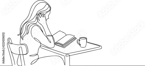 Woman Reading Book at Desk with Coffee – Continuous Line Drawing Study Scene