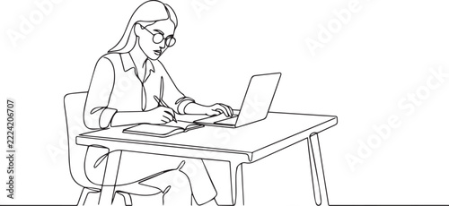 Woman Working on Laptop at Desk – Continuous Line Drawing