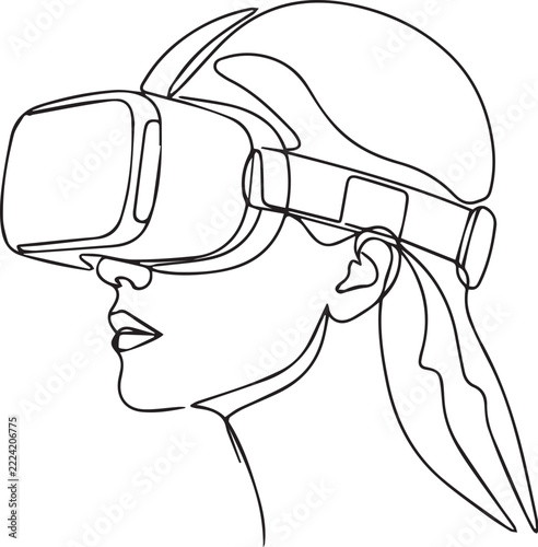 Woman Wearing Virtual Reality Headset – Continuous Line Drawing Profile View