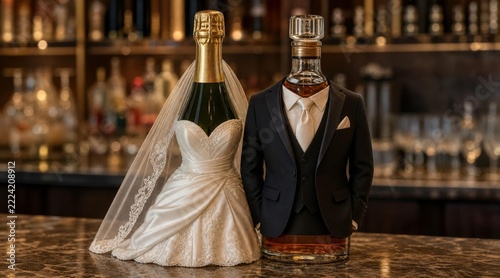 Champagne bottle in bridal gown with veil and whiskey decanter in groom suit on bar counter