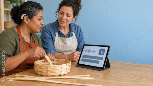 Woman with hearing aid weaving basket with another woman at table