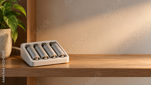 Battery charger with four silver batteries on a wooden shelf