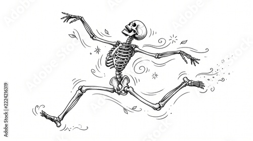 A whimsical black and white ink illustration of a joyful skeleton running fast with dynamic motion lines and floating leaves in a playful style