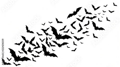 A swarm of flying black bats silhouette composition isolated on a plain white background for festive Halloween graphic design elements