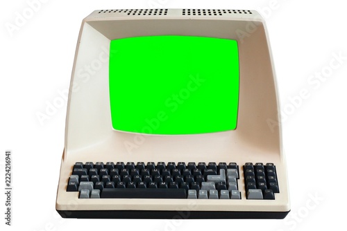 Old personal computer isolated on white background. Green screen for editing.