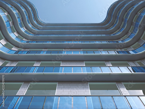 Facade of high-rise building seen from below, 3D Rendering