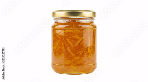 Glass jar filled with delicious sweet orange marmalade jam and golden lid.