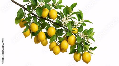 Lush lemon branch featuring vibrant yellow lemons and delicate white flowers on a white background.