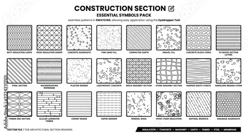 Construction section hatch set with seamless swatches for insulation, concrete, masonry, earth, timber, steel and membrane, plus gravel fill, plywood, glulam and mineral wool in black and white