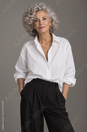 Mature Woman With Silver Curls in Minimalist Studio Portrait