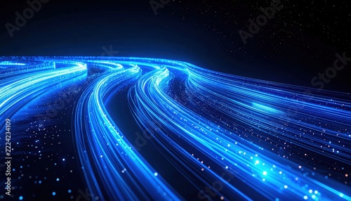 Glowing blue particles and light trails forming abstract data stream flowing through futuristic digital space, big data analytics background for network communication design.