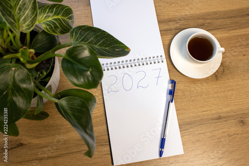 Open notebook marked 2027 beside a houseplant, blue pen and cup of coffee on a wooden desk. New year planning and personal goal setting concept.
