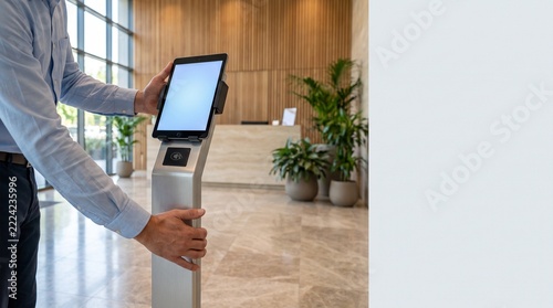 technician setting up digital self service tablet kiosk terminal stand with contactless reader in modern corporate lobby reception area   