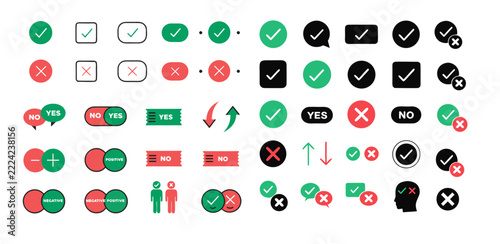 Approval and Rejection Decision Symbols icons set with Green Check and Red X for Accept Reject, Yes No and Positive Negative Comparison vector file