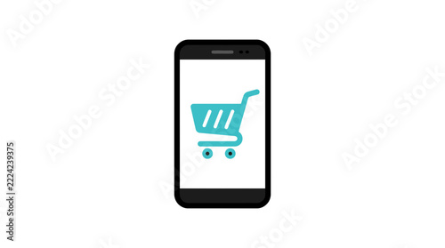 Mobile Shopping Concept: Smartphone with Turquoise Shopping Cart Icon. Online E-commerce Retail App on Digital Device.