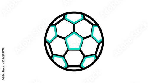 Stylized soccer ball icon illustration with blue and black pentagons on white background, sport game vector graphic element.