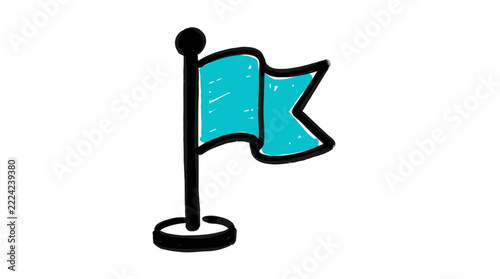 Hand drawn turquoise flag icon in sketch style, simple doodle graphic for goal achievement and marking progress concept.