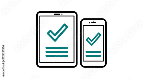 Responsive design concept with green checkmark on tablet and smartphone screens, illustrating multi-device compatibility and digital approval.