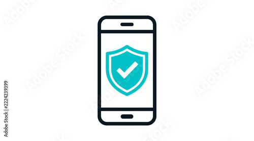 Mobile phone security icon, smartphone with shield and checkmark. Digital data protection, privacy, and safety symbol.