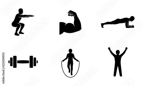 Fitness activity silhouettes set with squat, bicep, plank, dumbbell, jump rope, and celebration poses for workout apps