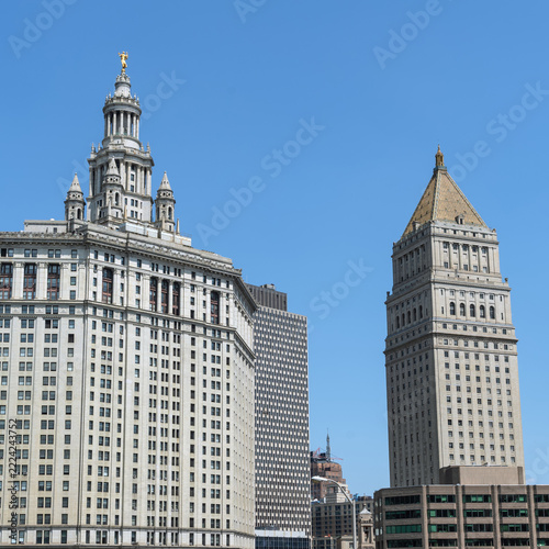 2019 New York City, USA; Panoramic view of the Manhattan Municipal Building and Thurgood Marshall US Courthouse in Civic Center, Lower Manhattan