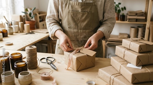 Artisan hands wrapping small brown paper gift package with twine in craft workshop studio.